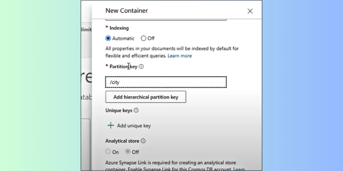 Enter a Container ID and set the Partition Key (e.g., _userId)