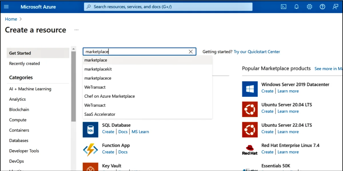 In the “Search the Marketplace” box, type “Azure Cosmos DB” and select it from the dropdown. 